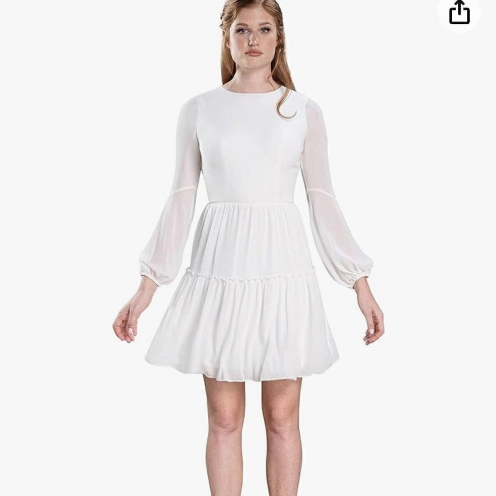 NWT Dress the Population White Paola long sleeve Fit & Flare mini dress, Size S
